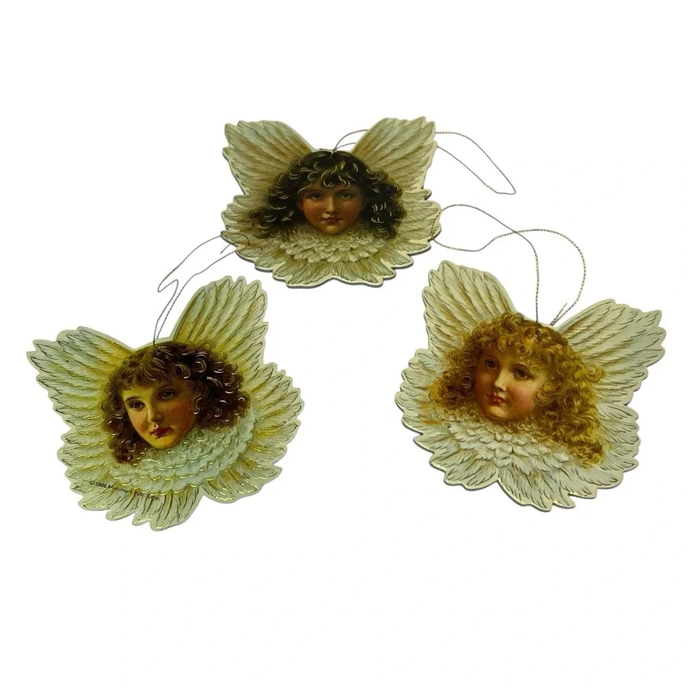Vtg 1986 Merrimack‎ Publishing Corp Ornament Angel Gold 2-Sided Christmas Set 3